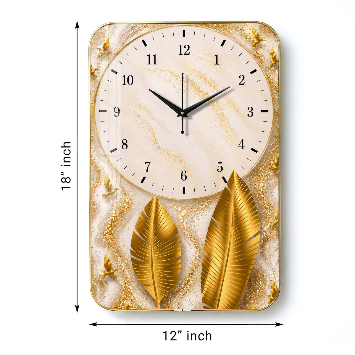 V023 White Marble and Golden Feathers wall clock, 12×18 inch