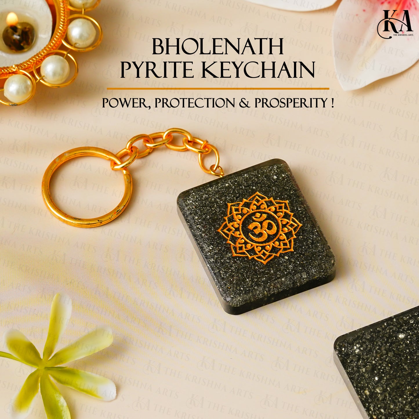 Om Pyrite Stone Keychain