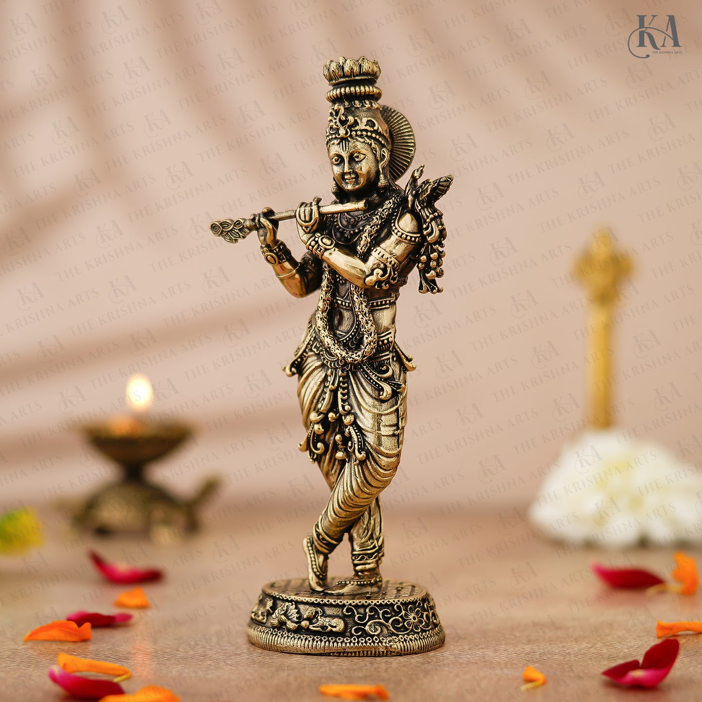 Brass Krishna Standing and Playing Flute Idol