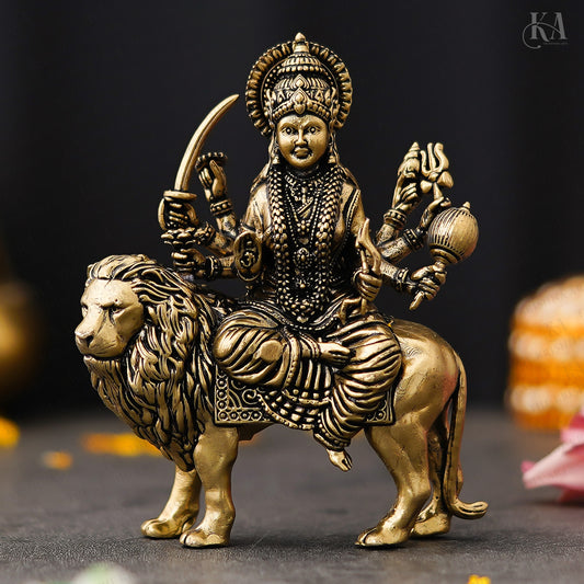 Pure Brass Durga Mata Idol Sitting on Her Lion