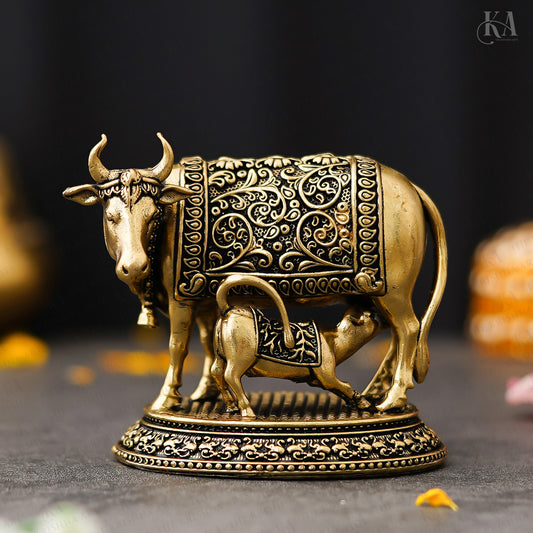 Pure Brass Cow and Calf Idol For Home and Puja