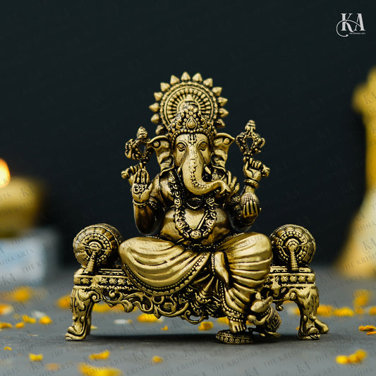 Pure Brass Lord Ganesha Idol Sitting on Throne