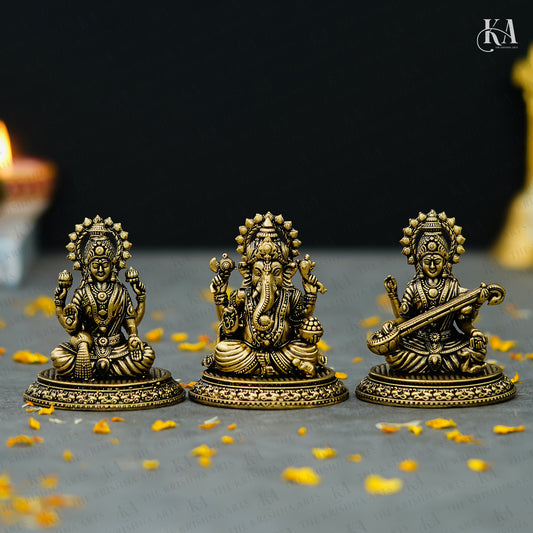 Pure Brass Ganesh Lakshmi Saraswati Idol Set for Daily Puja and Home Decor