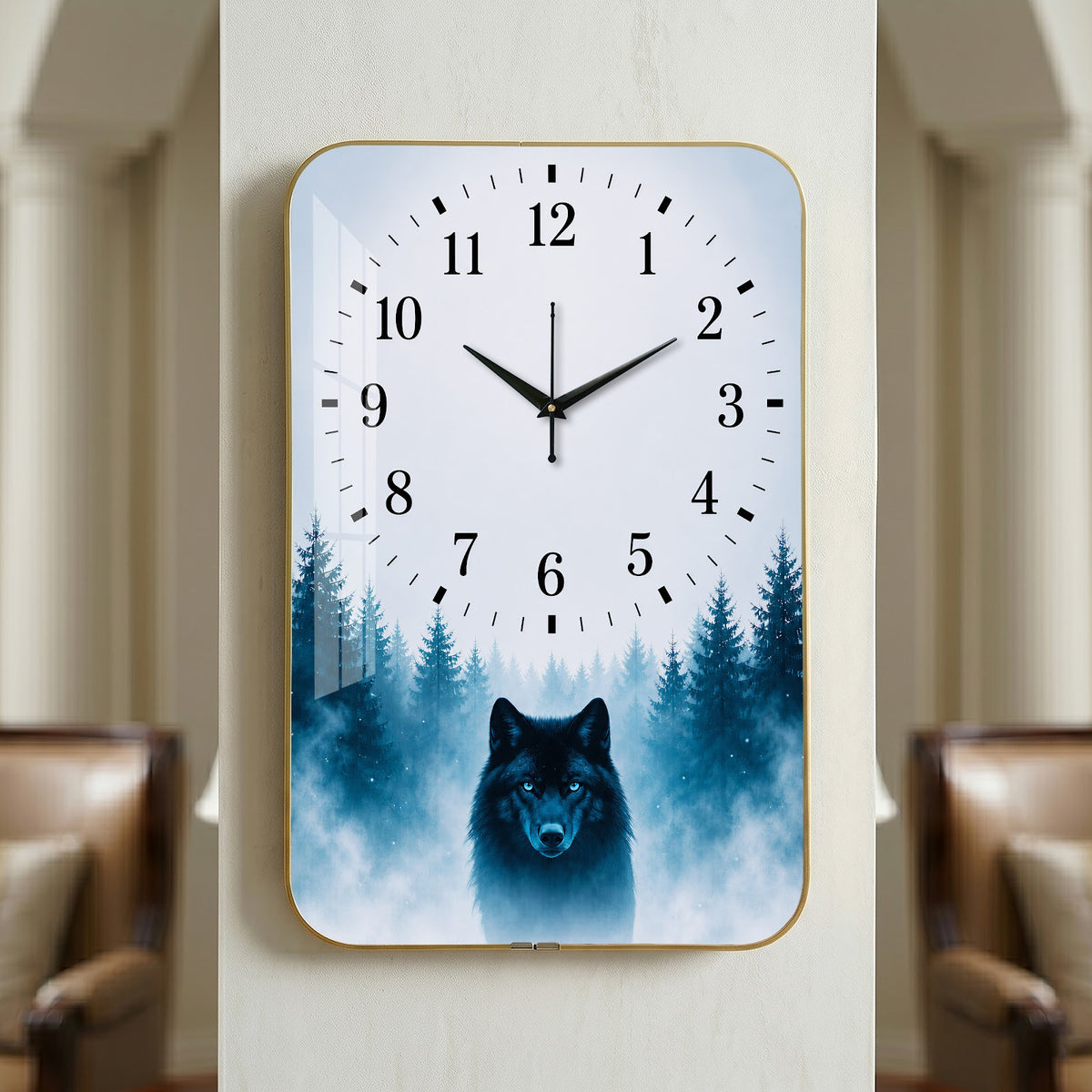 V014 Lone Wolf in Misty Forest wall clock, 12×18 inch