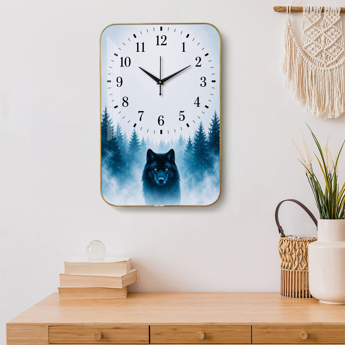 V014 Lone Wolf in Misty Forest wall clock, 12×18 inch product view