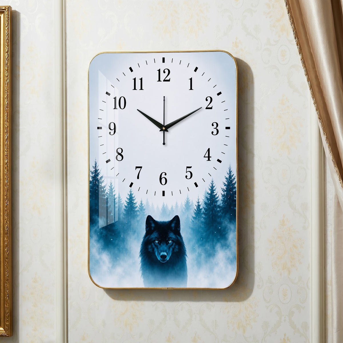 V014 Lone Wolf in Misty Forest wall clock, 12×18 inch
