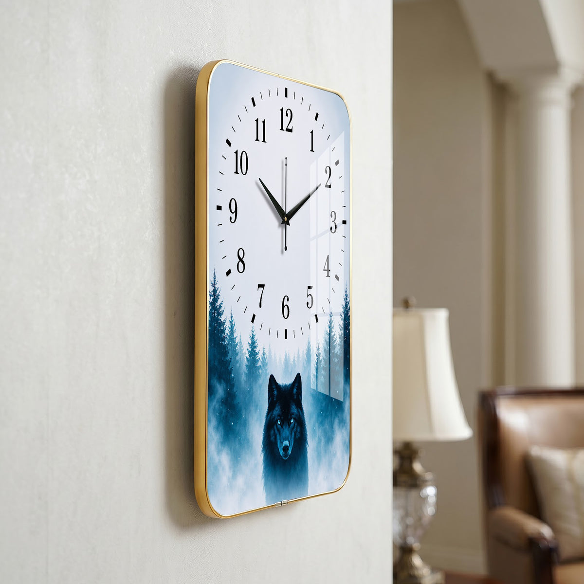 V014 Lone Wolf in Misty Forest wall clock, 12×18 inch