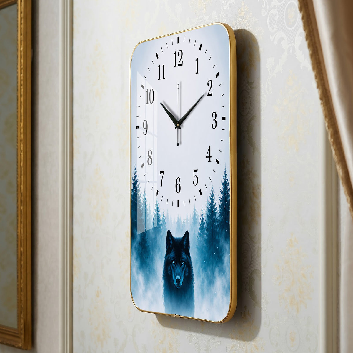 V014 Lone Wolf in Misty Forest wall clock, 12×18 inch
