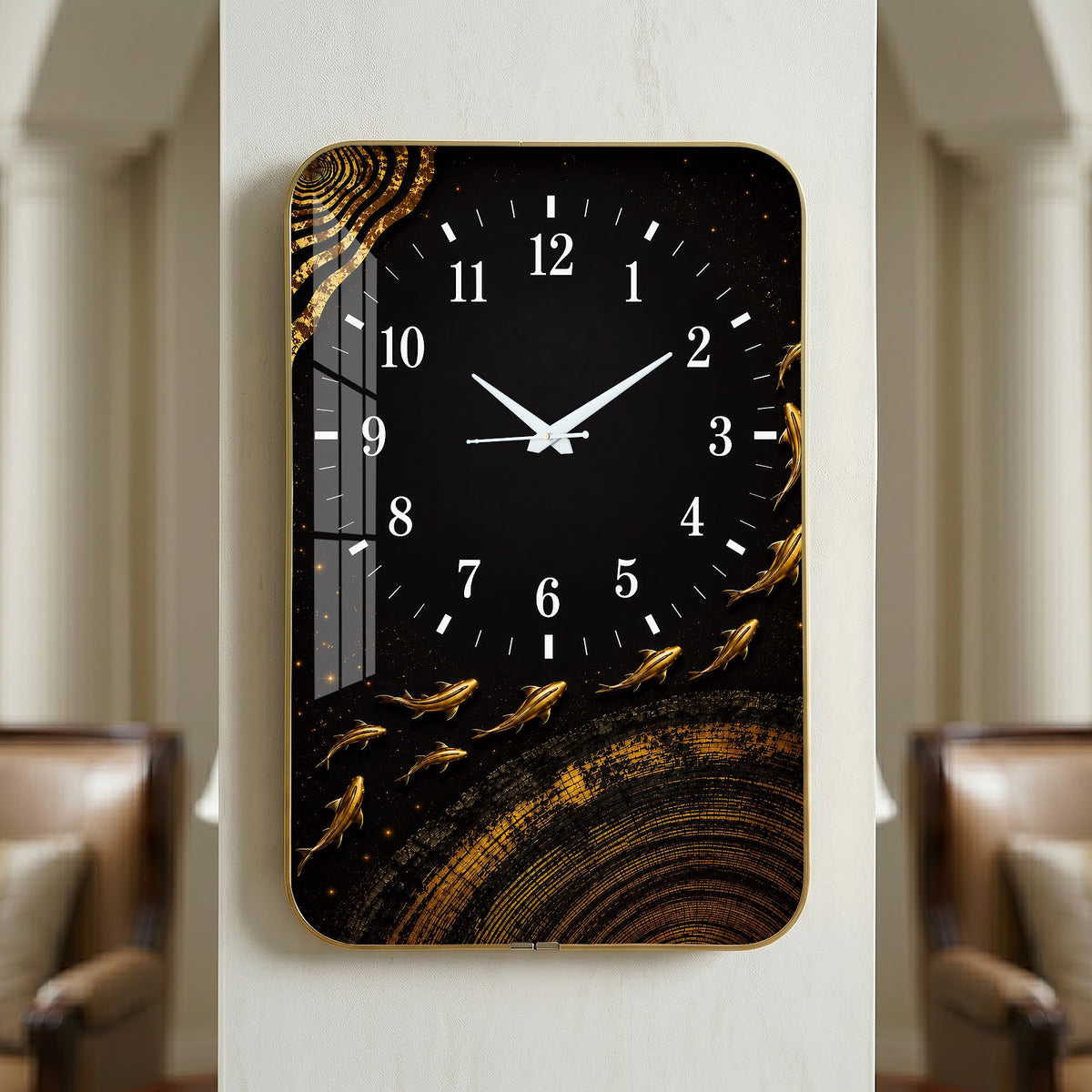 V015 Black and Gold Abstract Leaves wall clock, 12×18 inch