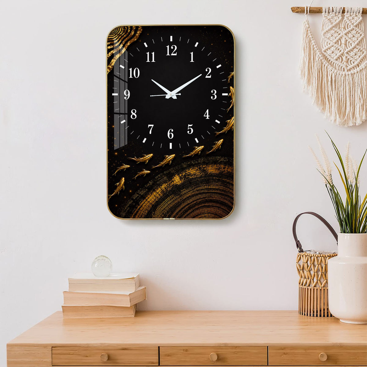 V015 Black and Gold Abstract Leaves wall clock, 12×18 inch product view
