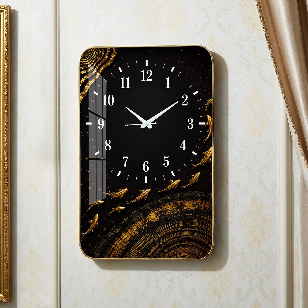 V015 Black and Gold Abstract Leaves wall clock, 12×18 inch