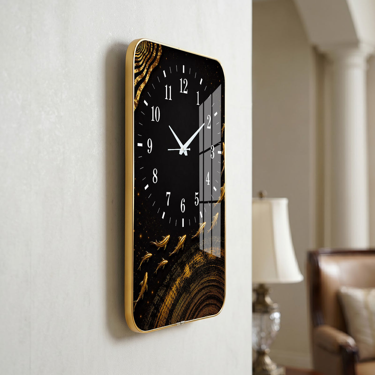 V015 Black and Gold Abstract Leaves wall clock, 12×18 inch