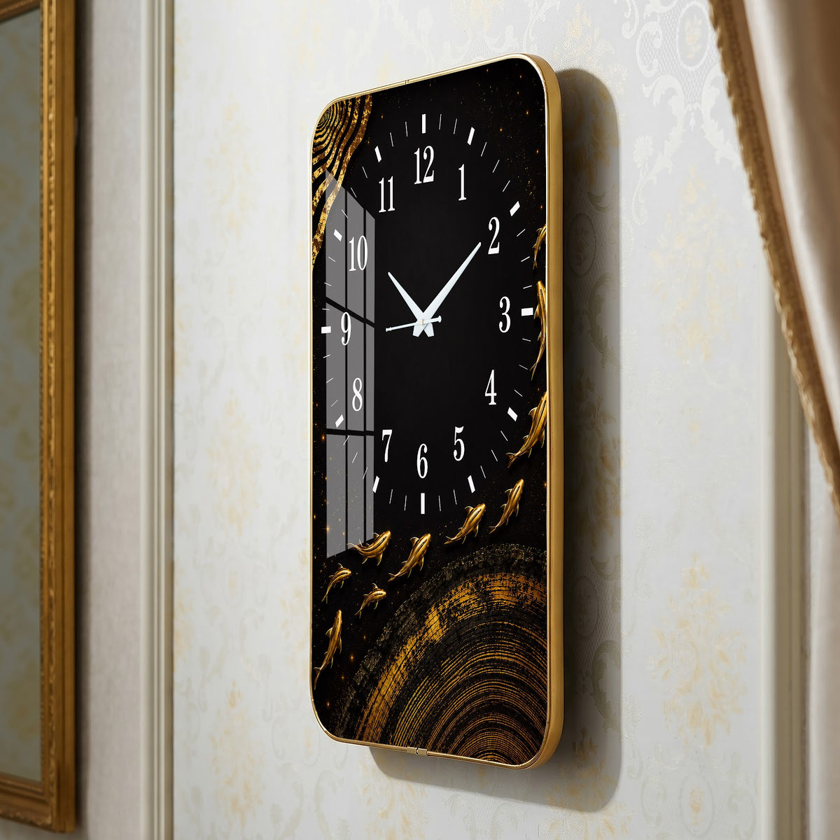 V015 Black and Gold Abstract Leaves wall clock, 12×18 inch