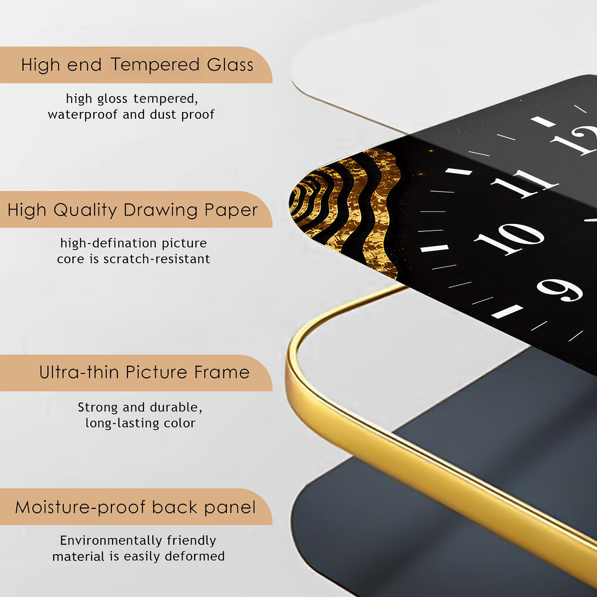 V015 Black and Gold Abstract Leaves wall clock, 12×18 inch