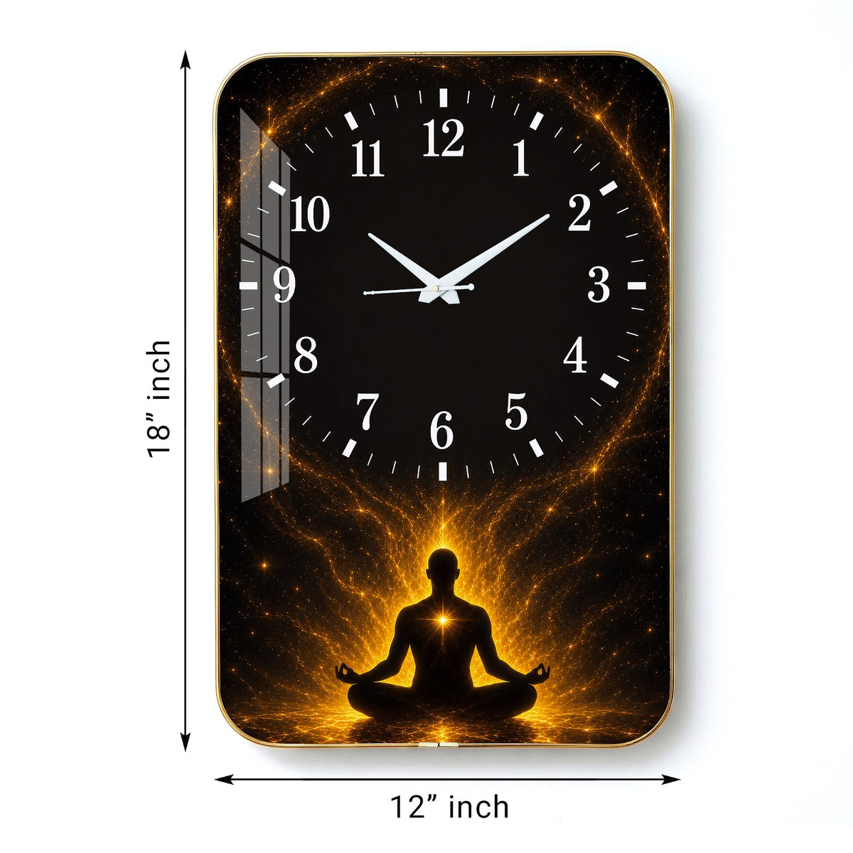 V017 Meditating Silhouette and Golden Aura wall clock, 12×18 inch