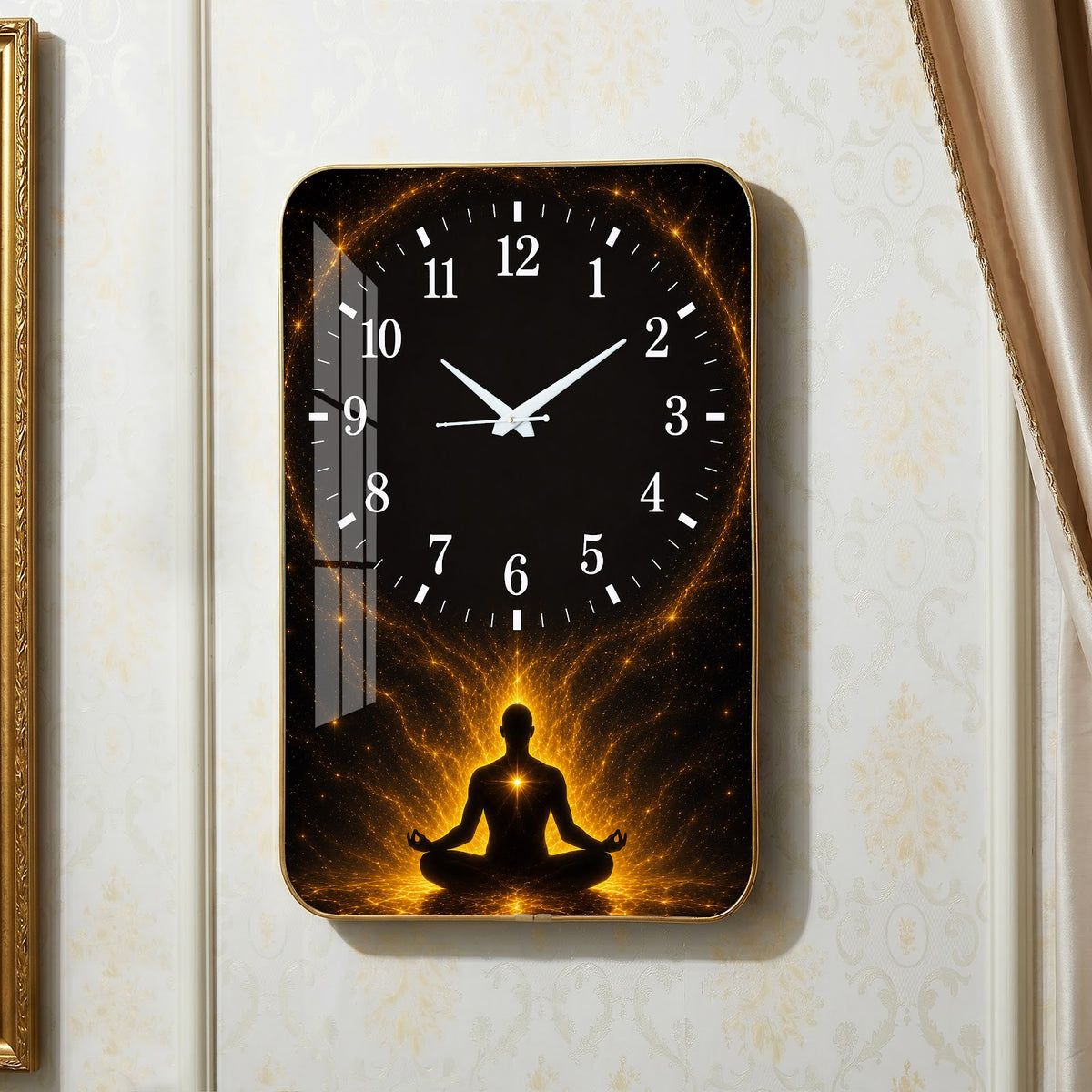 V017 Meditating Silhouette and Golden Aura wall clock, 12×18 inch