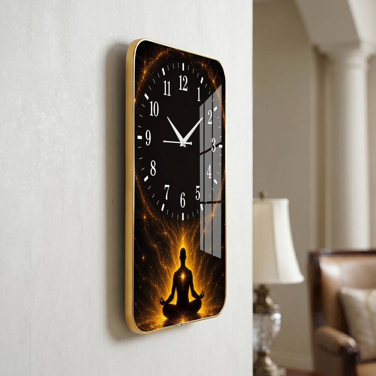 V017 Meditating Silhouette and Golden Aura wall clock, 12×18 inch