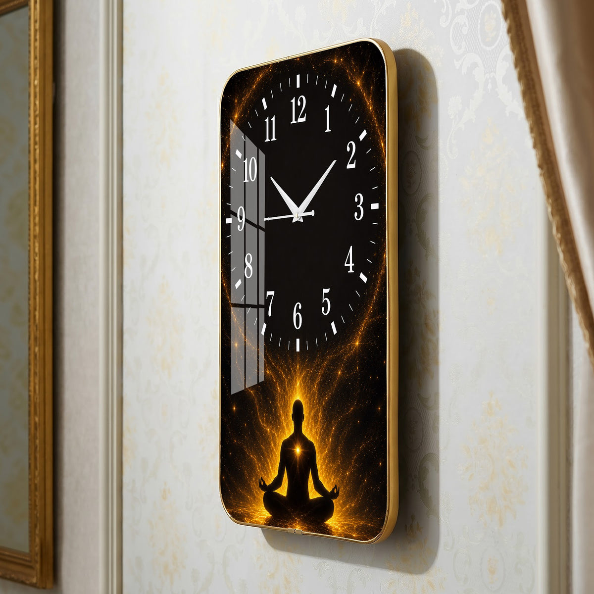V017 Meditating Silhouette and Golden Aura wall clock, 12×18 inch