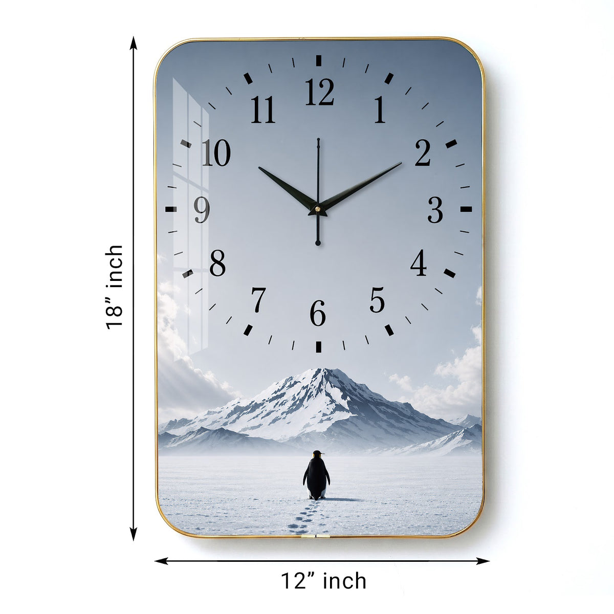 V018 Penguin in Snowy Mountain Landscape wall clock, 12×18 inch