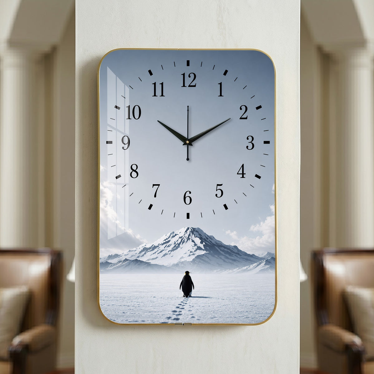 V018 Penguin in Snowy Mountain Landscape wall clock, 12×18 inch