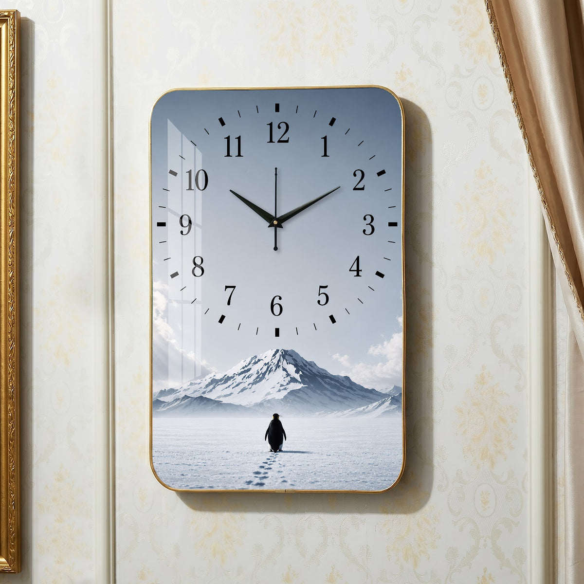 V018 Penguin in Snowy Mountain Landscape wall clock, 12×18 inch