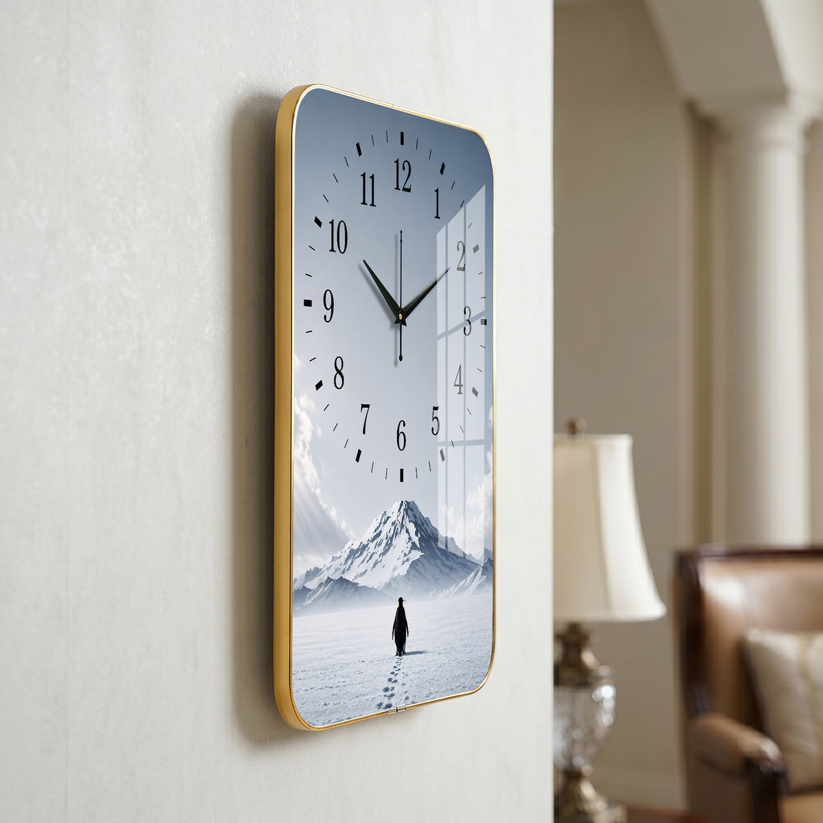 V018 Penguin in Snowy Mountain Landscape wall clock, 12×18 inch