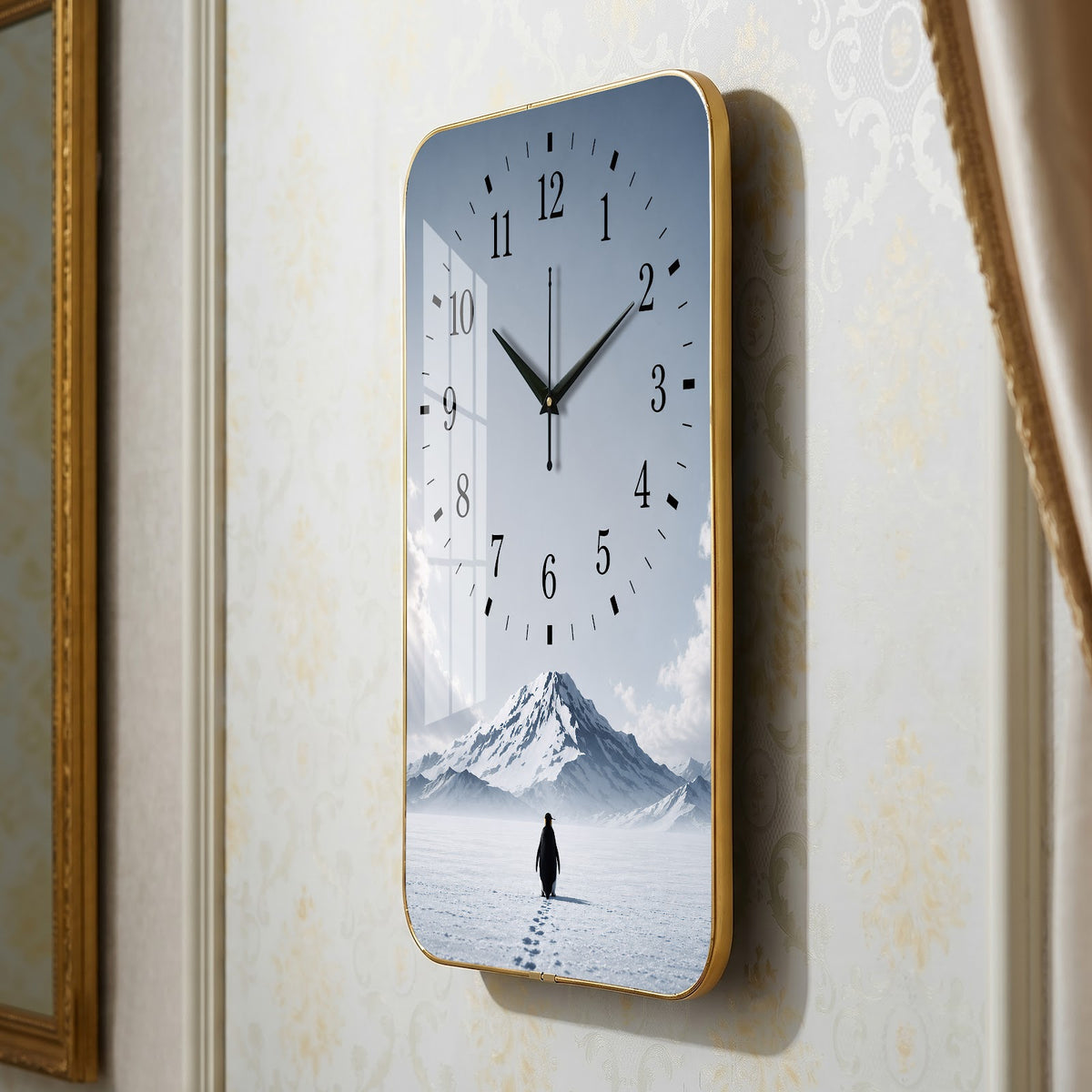 V018 Penguin in Snowy Mountain Landscape wall clock, 12×18 inch