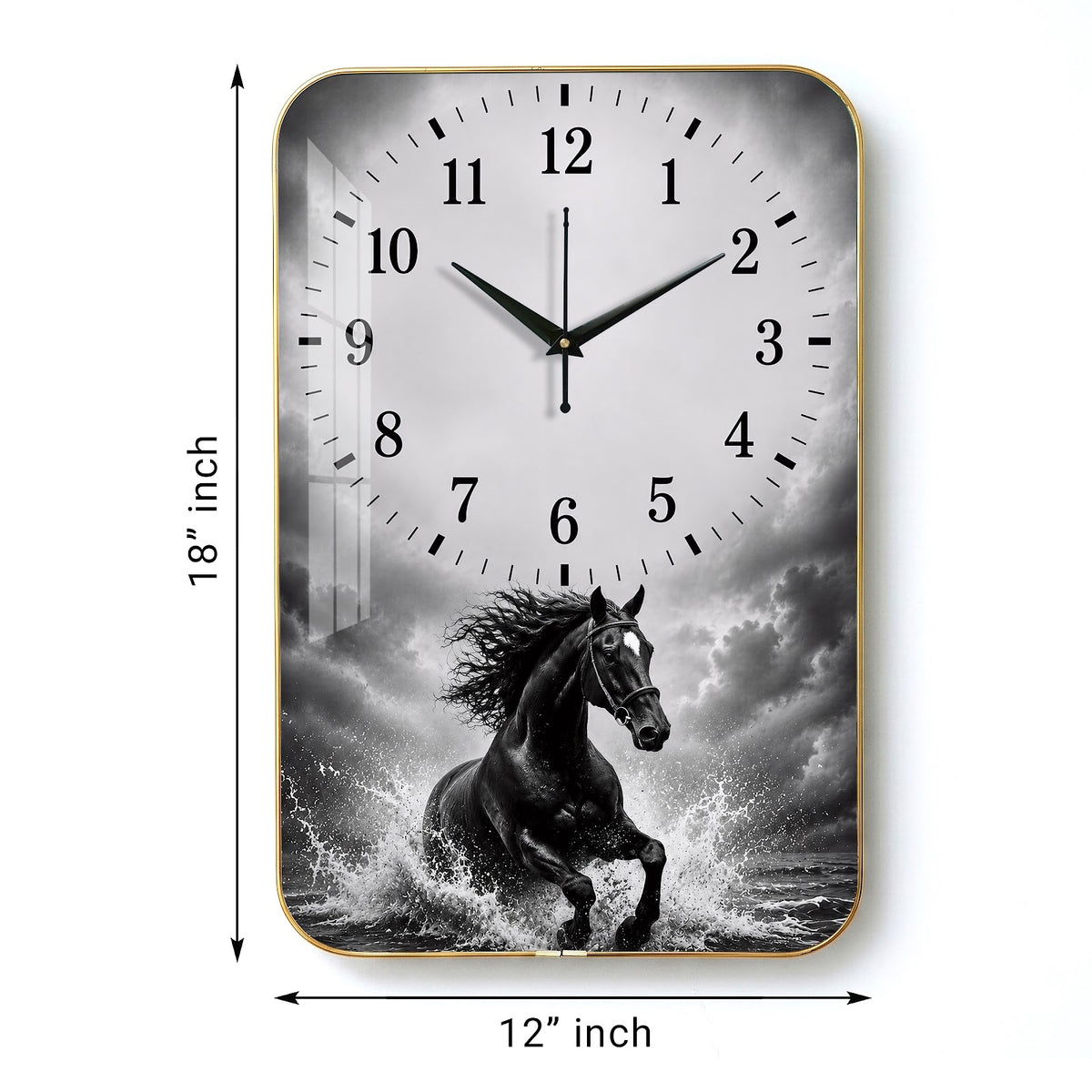 V020 Black Horse in Stormy Water wall clock, 12×18 inch