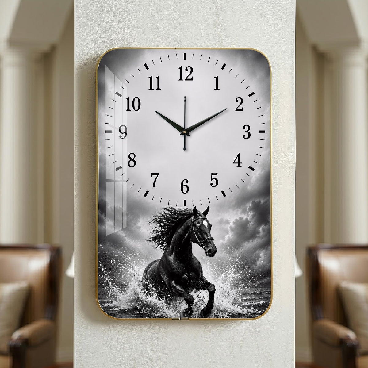 V020 Black Horse in Stormy Water wall clock, 12×18 inch