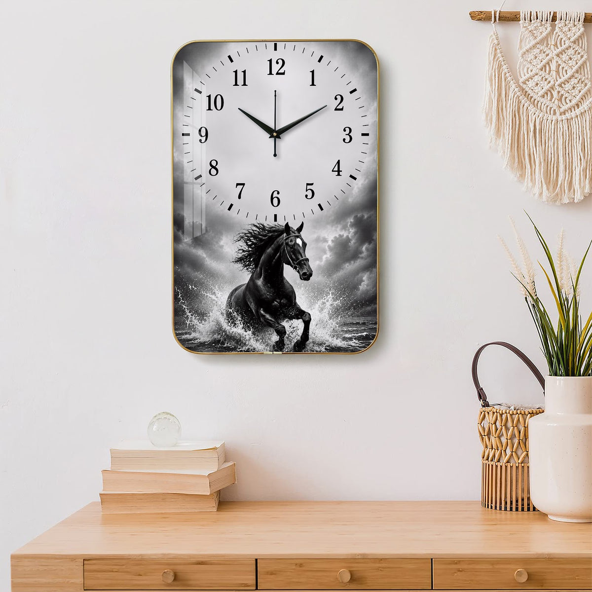 V020 Black Horse in Stormy Water wall clock, 12×18 inch product view