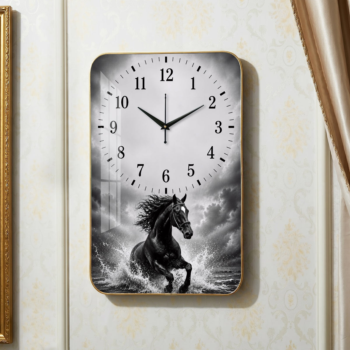 V020 Black Horse in Stormy Water wall clock, 12×18 inch