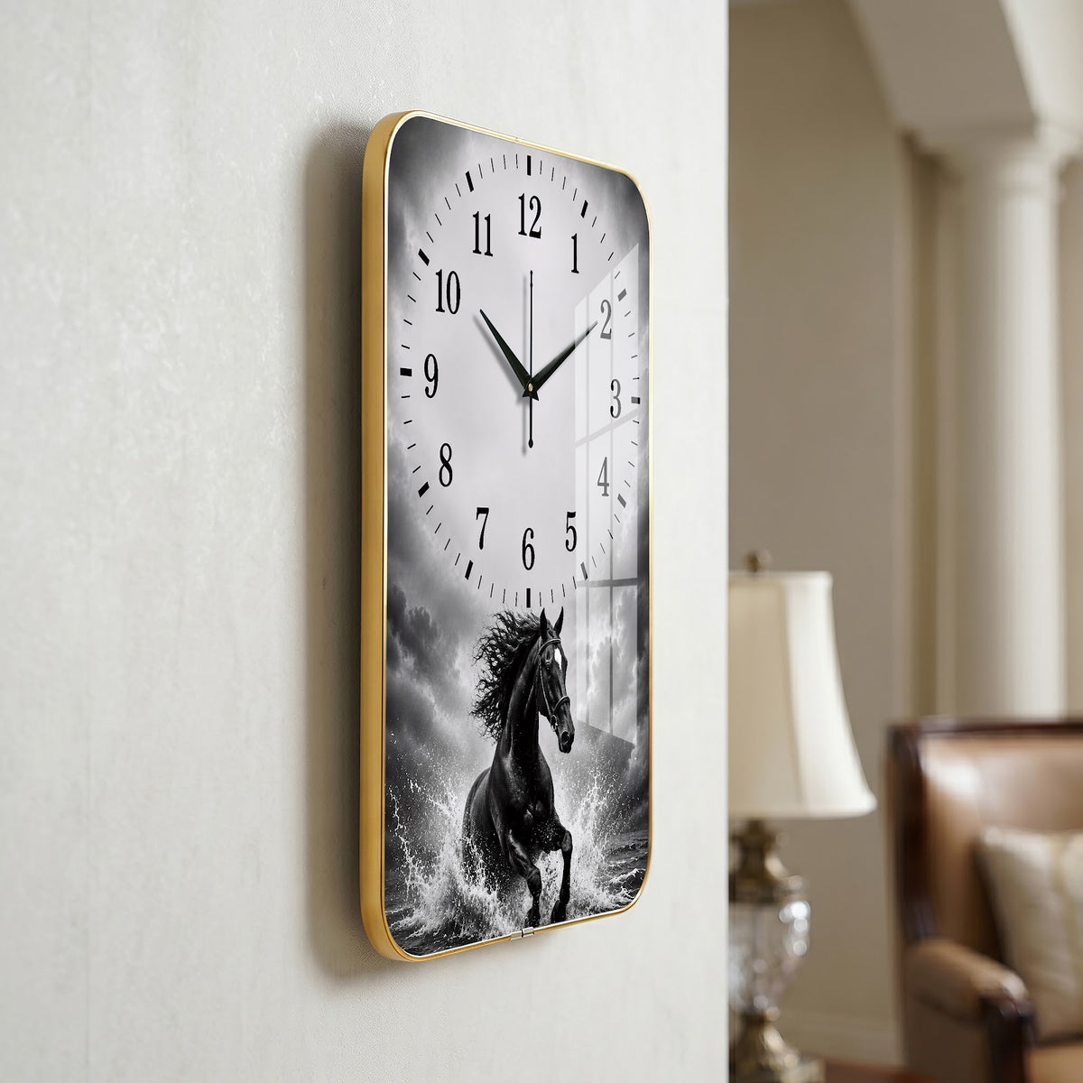 V020 Black Horse in Stormy Water wall clock, 12×18 inch