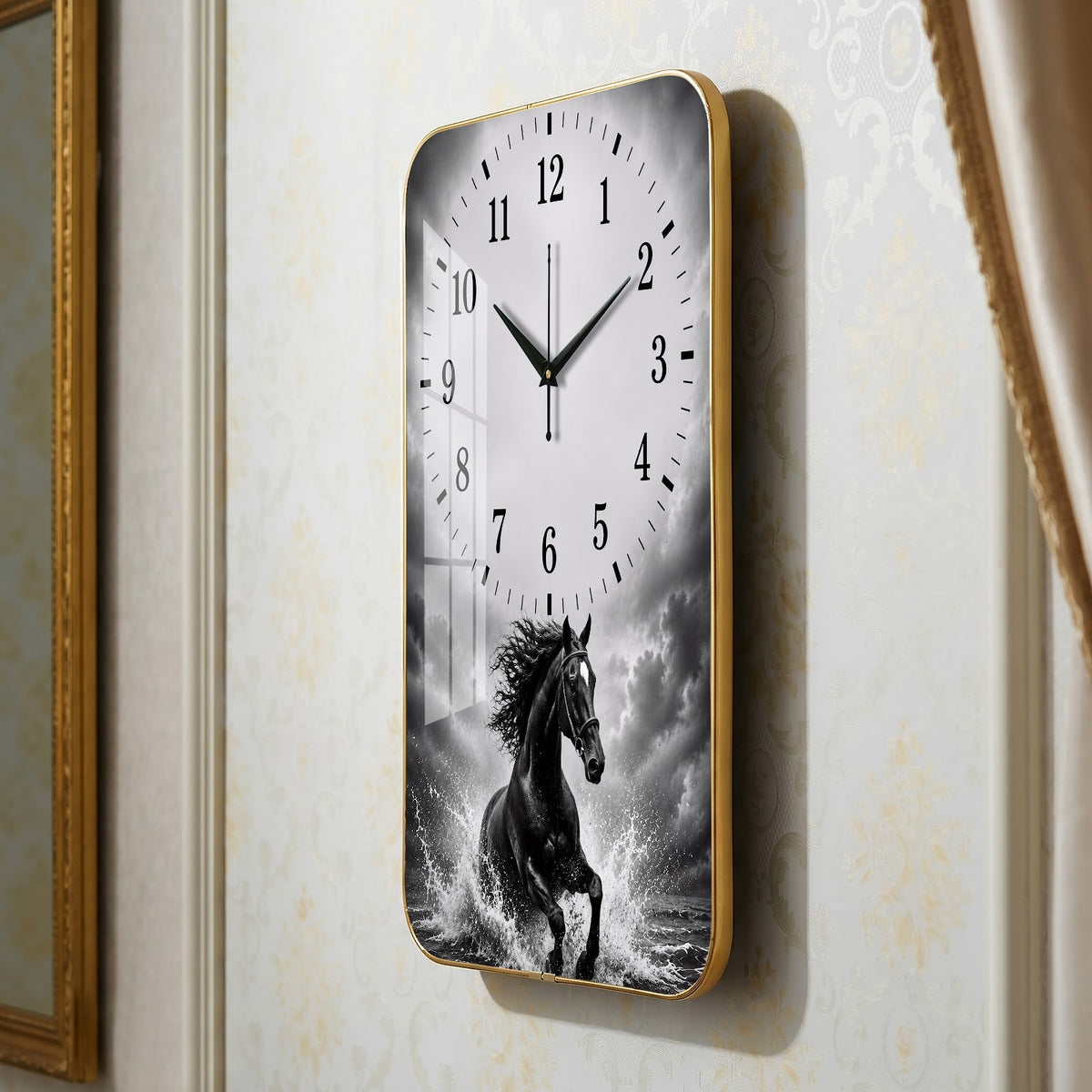 V020 Black Horse in Stormy Water wall clock, 12×18 inch
