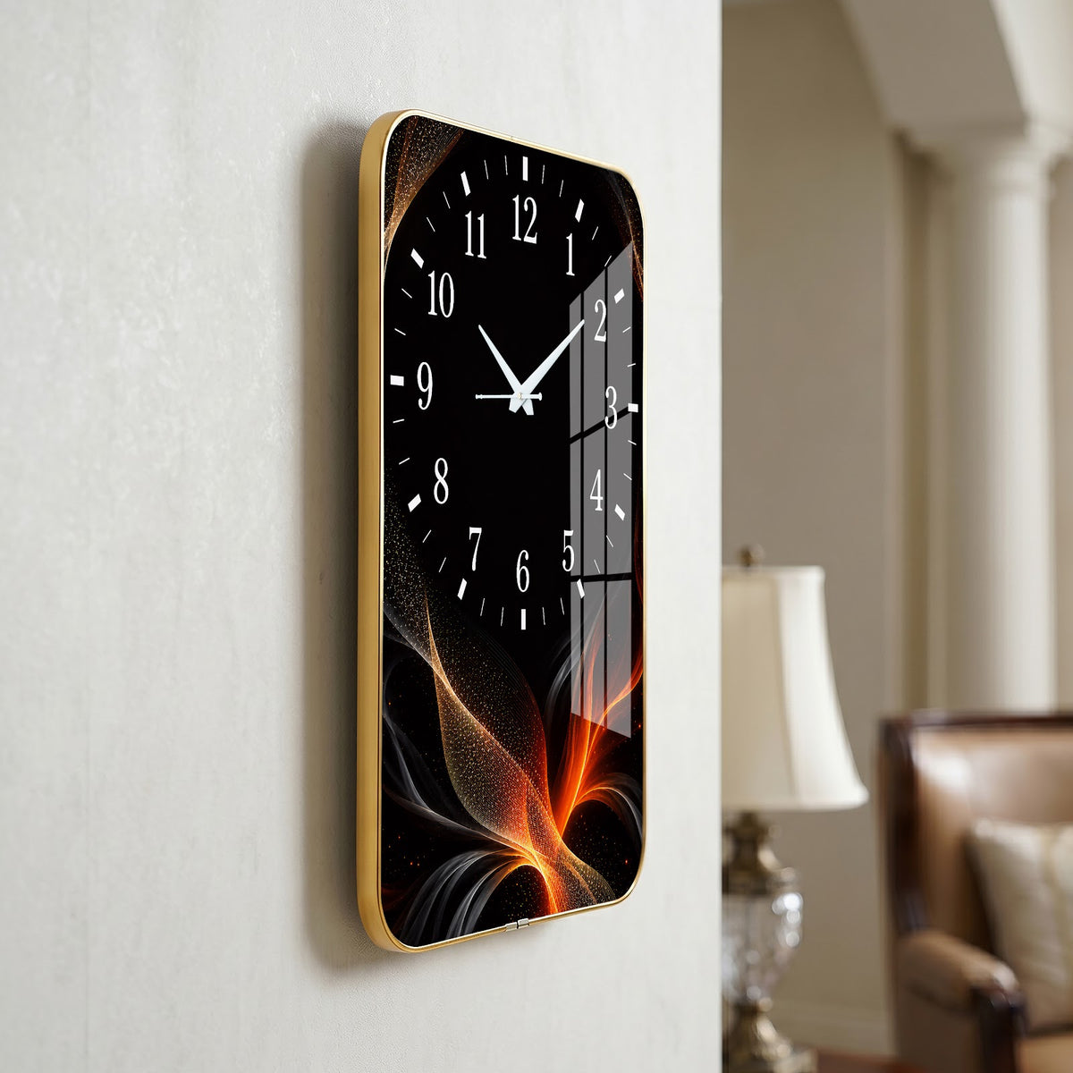 V021 Black and Orange Abstract Flow wall clock, 12×18 inch
