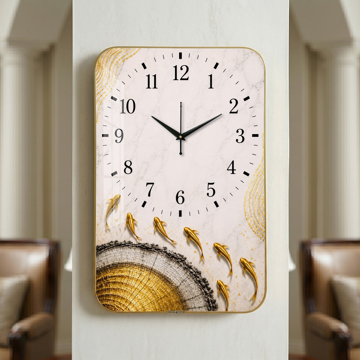 V022 White and Gold Abstract Leaves wall clock, 12×18 inch