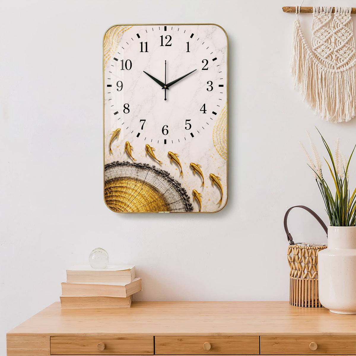 V022 White and Gold Abstract Leaves wall clock, 12×18 inch product view