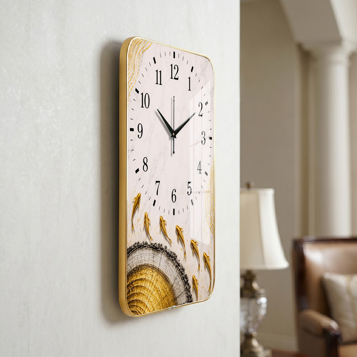 V022 White and Gold Abstract Leaves wall clock, 12×18 inch