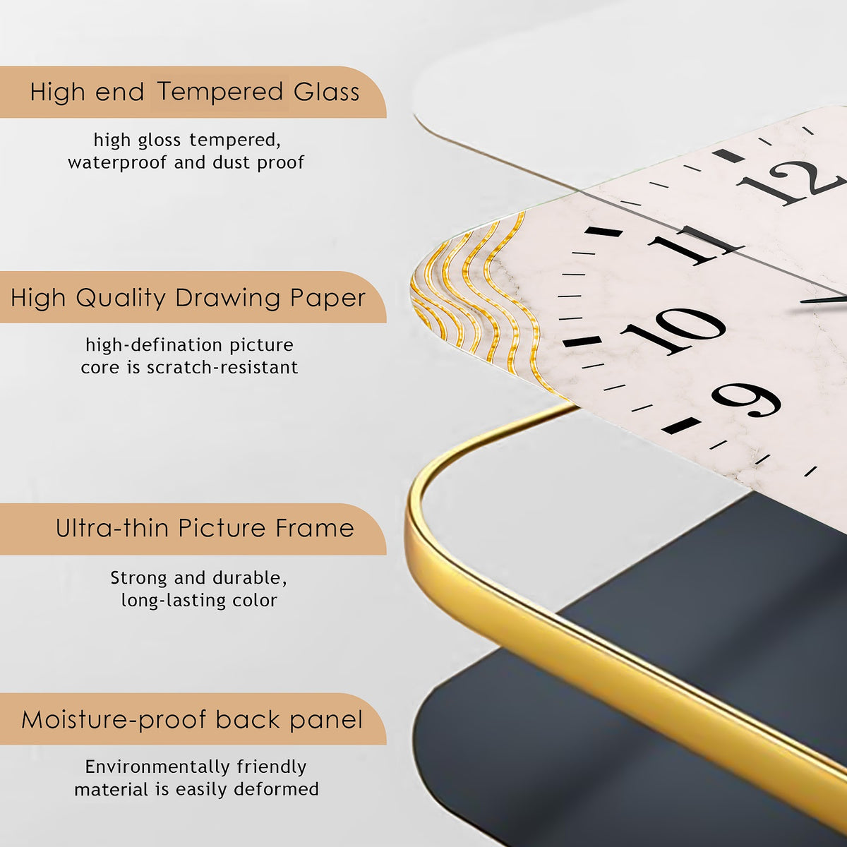 V022 White and Gold Abstract Leaves wall clock, 12×18 inch