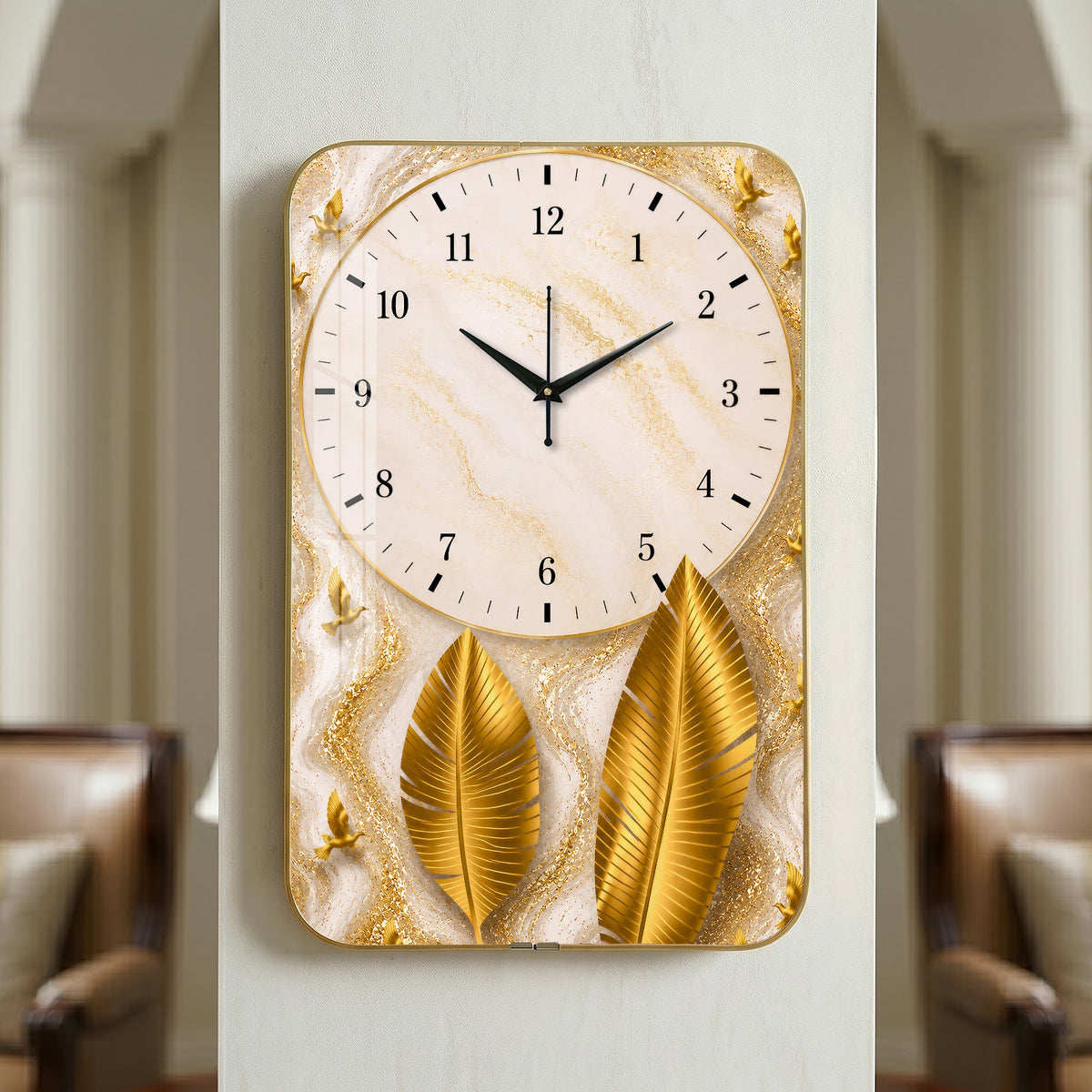V023 White Marble and Golden Feathers wall clock, 12×18 inch