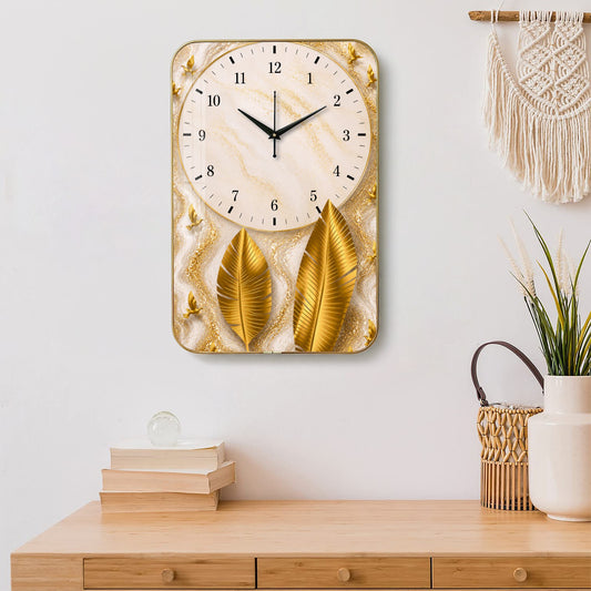 V023 White Marble and Golden Feathers wall clock, 12×18 inch product view