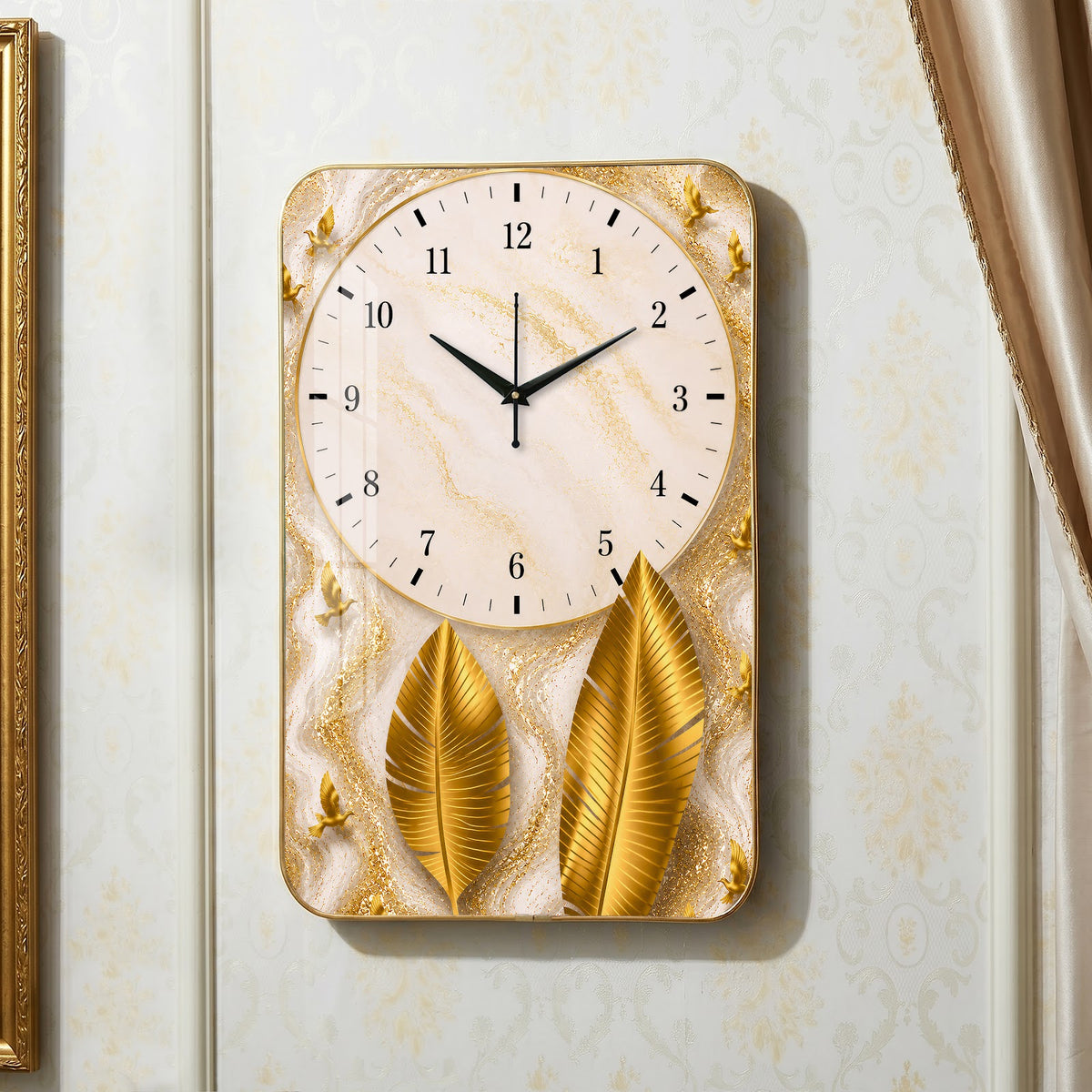 V023 White Marble and Golden Feathers wall clock, 12×18 inch