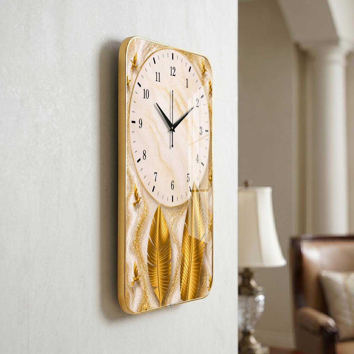 V023 White Marble and Golden Feathers wall clock, 12×18 inch