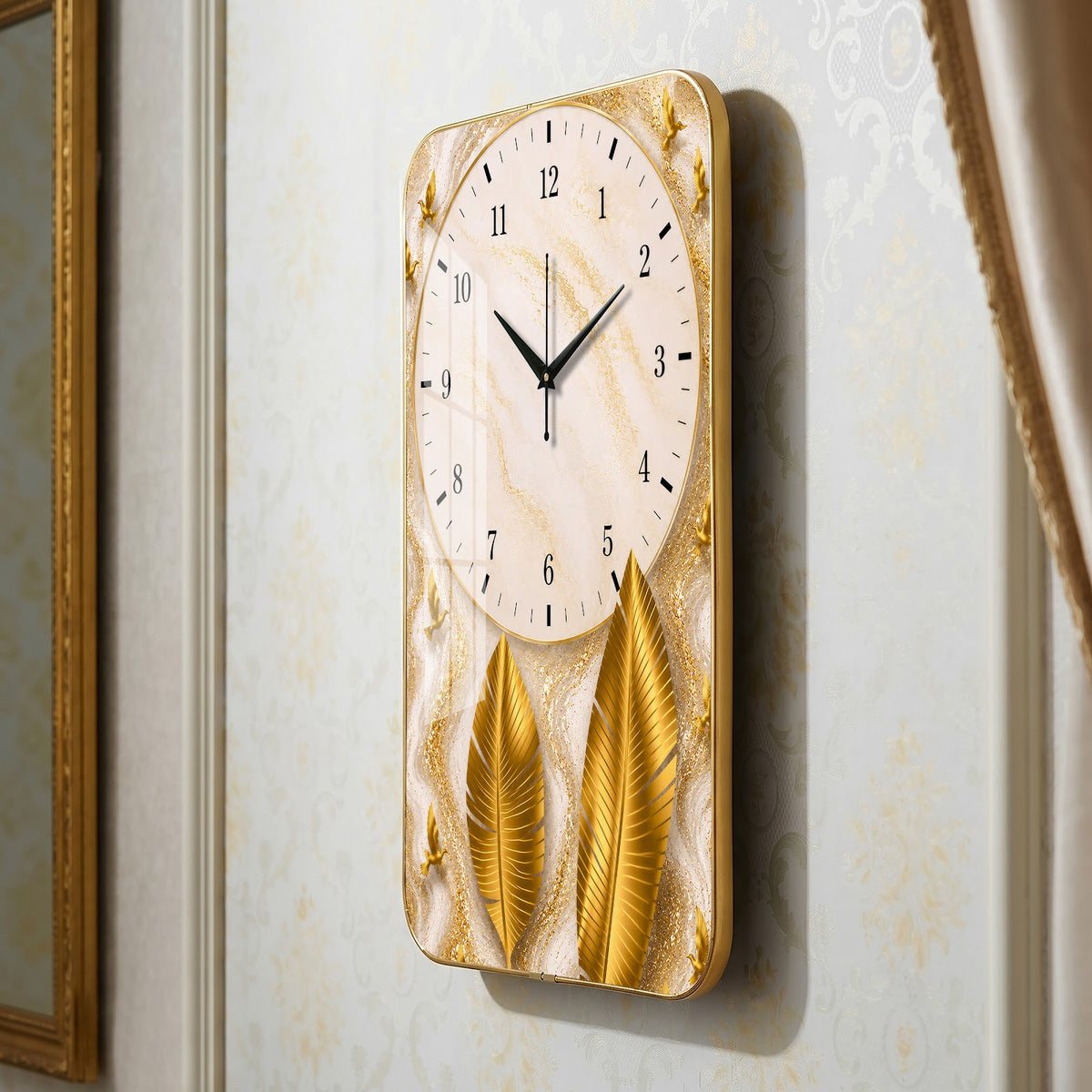 V023 White Marble and Golden Feathers wall clock, 12×18 inch