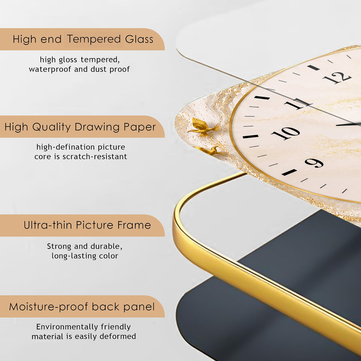 V023 White Marble and Golden Feathers wall clock, 12×18 inch