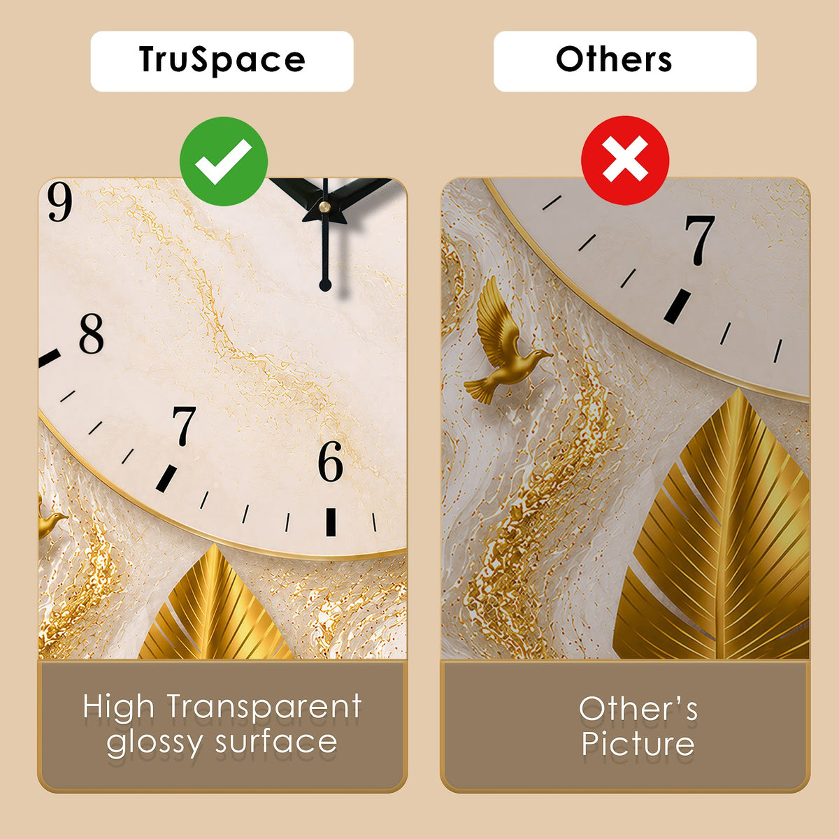 V023 White Marble and Golden Feathers wall clock, 12×18 inch